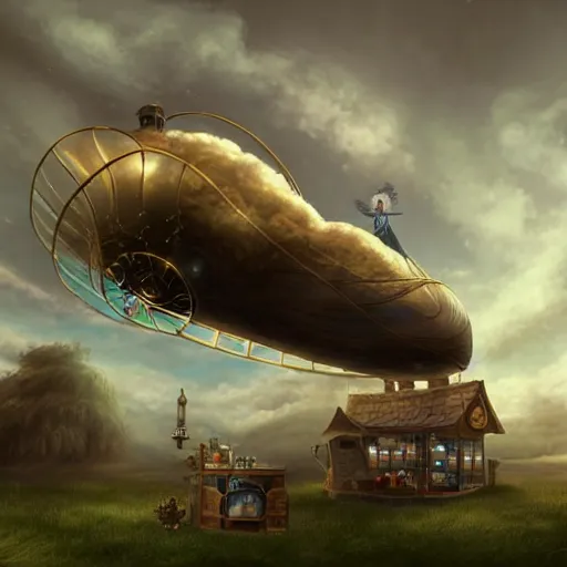 Image similar to a woman locks up her magical shop in the clouds, as an airship awaits in the distance to carry her home for the weekend