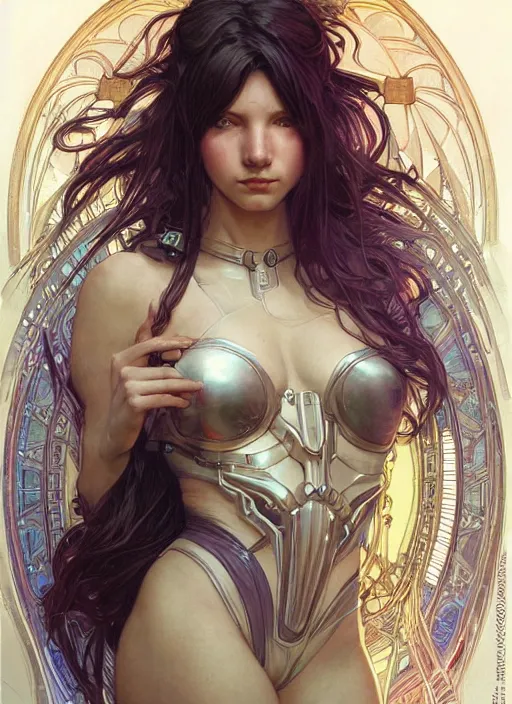 Prompt: beautiful young woman cyberpunk woman, portrait, intricate, elegant, highly detailed, centered, digital painting, artstation, concept art, smooth, sharp focus, illustration, art by artgerm and donato giancola and alphonse mucha