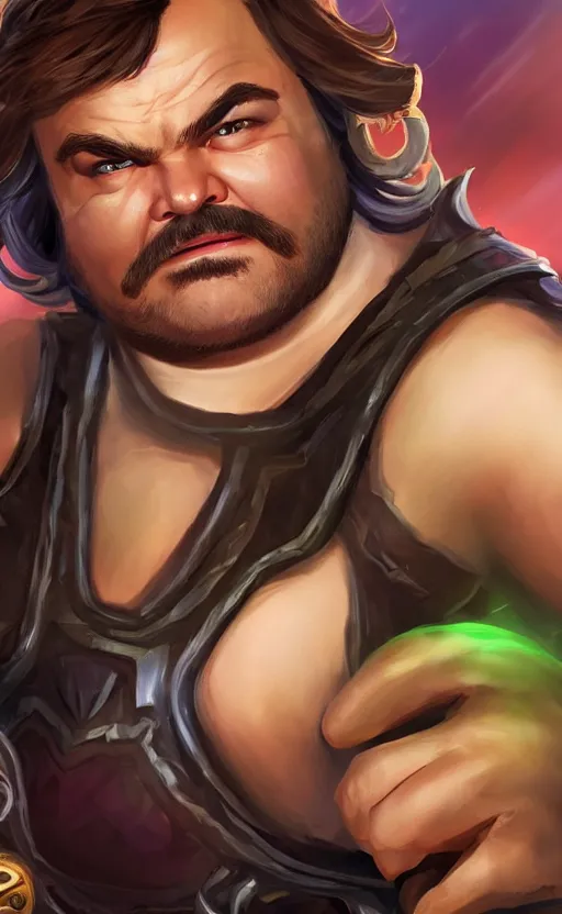 Image similar to Jack Black as a character in the game League of Legends, with a background based on the game League of Legends, detailed face, old 3d graphics