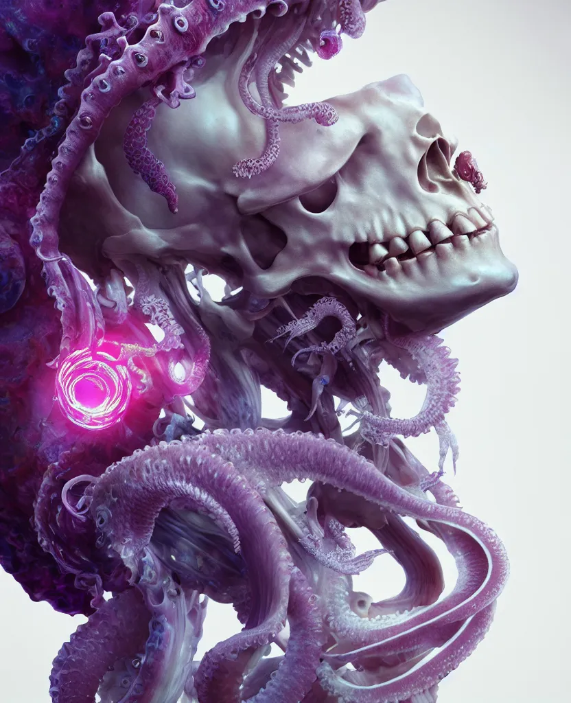 Image similar to goddess close - up portrait human skeleton, ram skull, squid phoenix jellyfish, orchid, betta fish, bioluminiscent, intricate artwork by tooth wu and wlop and beeple. octane render, trending on artstation, greg rutkowski very coherent symmetrical artwork. cinematic, hyper realism, high detail, octane render, 8 k