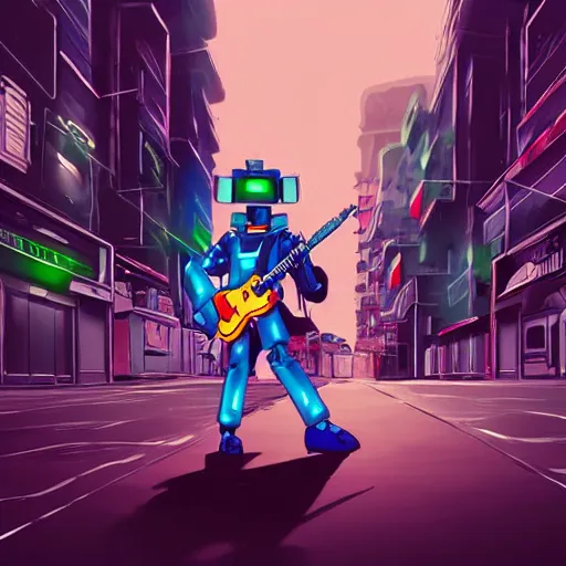 Image similar to A cell animation of a robot shredding a rock guitar solo in a futuristic city street, macross, gundam, ghibli style, illustration, detailed guitar, anime, trending on artstaion