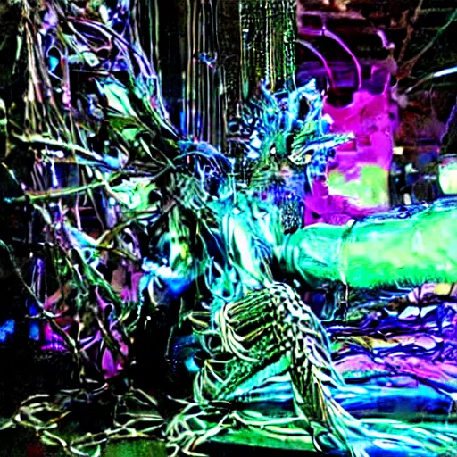 Prompt: 10,100 wemon worshipping the cybercore dragon angel pimp covered in wires damnatione emerging from cybercore damnation hell portal in the middle of my digusting dirty room, holy ceremony, heavens gate, low quality photo, flikr