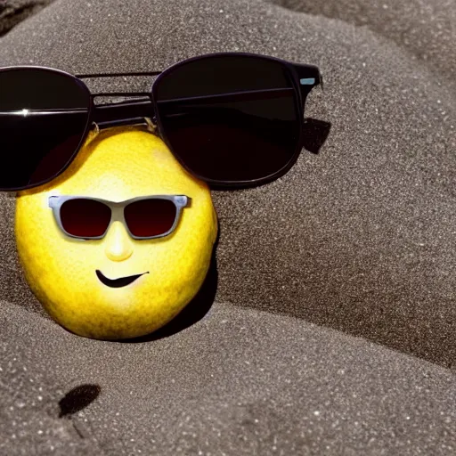 Prompt: a lemon wearing a sunglasses relaxing on a beach