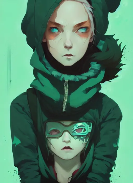 Image similar to highly detailed portrait of a sewer punk lady student, blue eyes, hoodie, cloudy curly white hair by atey ghailan, by greg rutkowski, by greg tocchini, by james gilleard, by joe fenton, by kaethe butcher, gradient green, black, brown and cyan color scheme, grunge aesthetic!!! ( ( graffiti tag wall background ) )