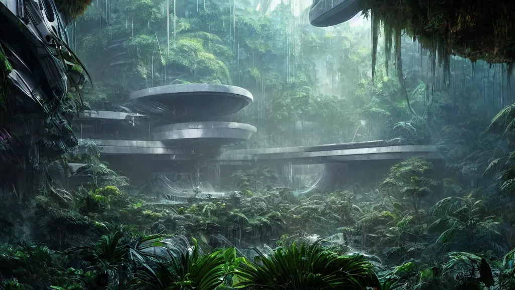 Prompt: abandoned brutalist alien space station in lush jungle, close up, wadim kashin, daniel conway, clinton felker, digital painting, xf iq 4, f / 1. 4, iso 2 0 0, 1 / 1 6 0 s, 8 k, raw, featured in artstation, octane render, cinematic, elegant, intricate, 8 k