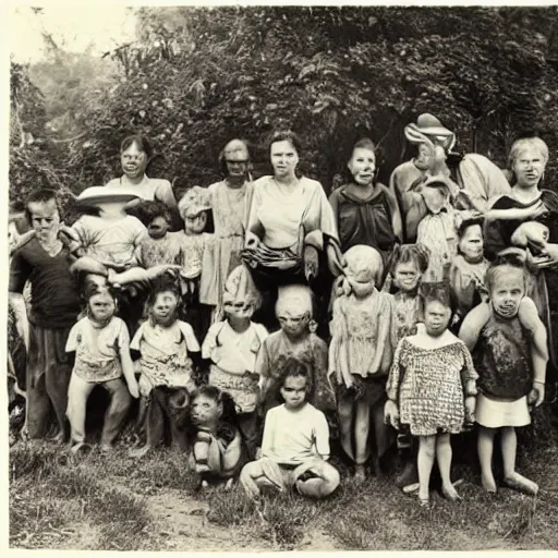 Prompt: award-winning new york times photograph of a hillbilly mother with her 30 children, black and white, detailed