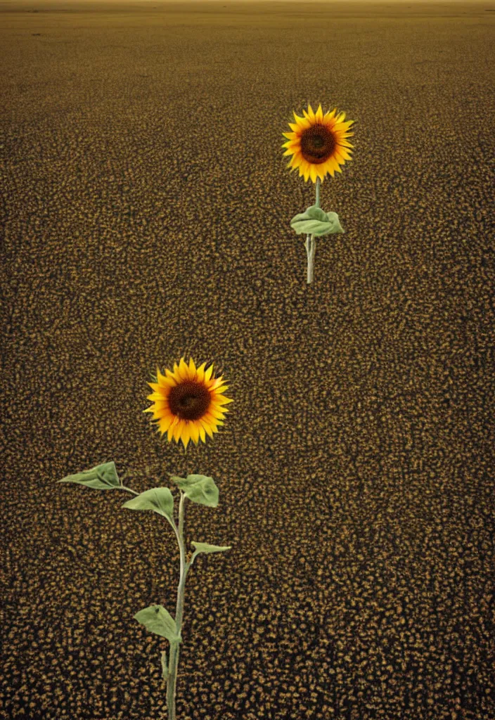 Image similar to A communist Propaganda Poster of a single sunflower in a vast dry field.