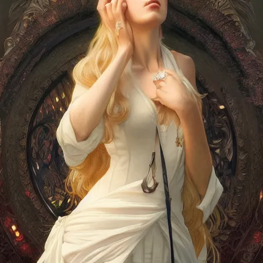 Image similar to Ava Max, elegant, highly detailed, digital painting, artstation, concept art, smooth, sharp focus, illustration, ArtStation, art by artgerm and greg rutkowski and alphonse mucha and J. C. Leyendecker and Edmund Blair Leighton and Charlie Bowater