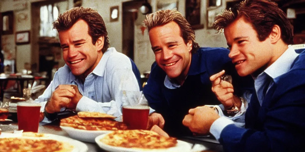 chandler bing and joey Tribbiani eating pizza, friends, Stable Diffusion