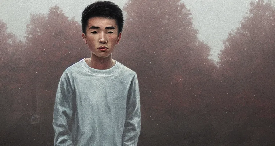 Prompt: teenage, boy, half asian, cute, portrait, close-up, industrial background, autumn, rainy, foggy, utopian looking, 80s, moody, drawn, artwork by Simon Stalenhag