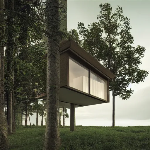 Prompt: futuristic cottage settlement in forest , Alvaro Siza, herzog de meuron, matte painting, high details, 8k