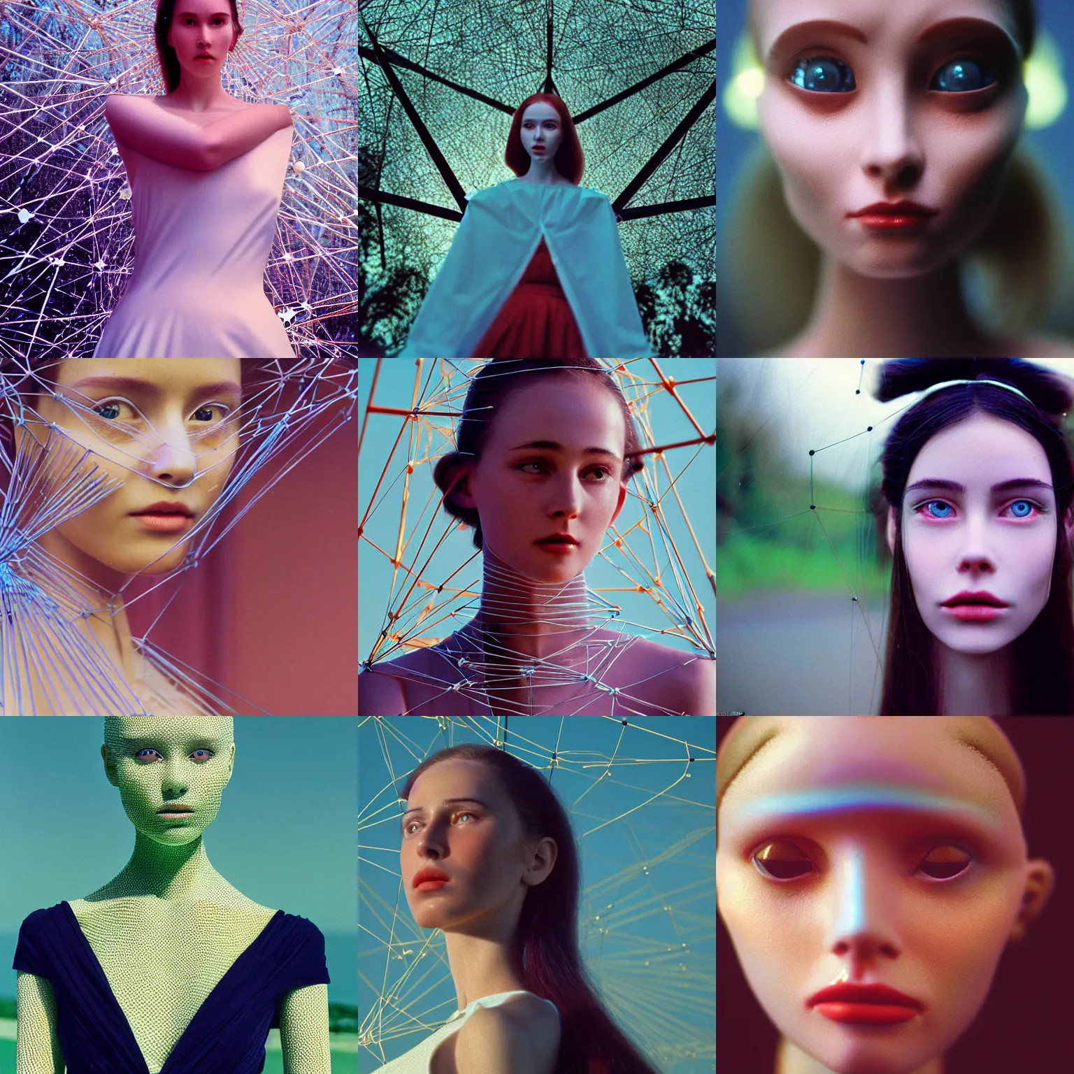 Prompt: Cinestill 800t, 8K, 35mm; beautiful ultra realistic kinetic sculpure (1990) film still scene, 1990s frontiers in human anthropomorphic tensegrity fashion magazine September Agnieszka Lorek retrofuturism Holy Herndon in wes anderson edition, highly detailed, extreme closeup portrait, tilt shift background, three point perspective, focus on feminine model;dress;pursed lips;eye contact;pointé pose, soft lighting