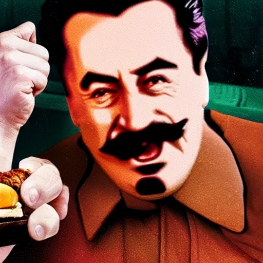 Prompt: stalin smashes burger with his fist