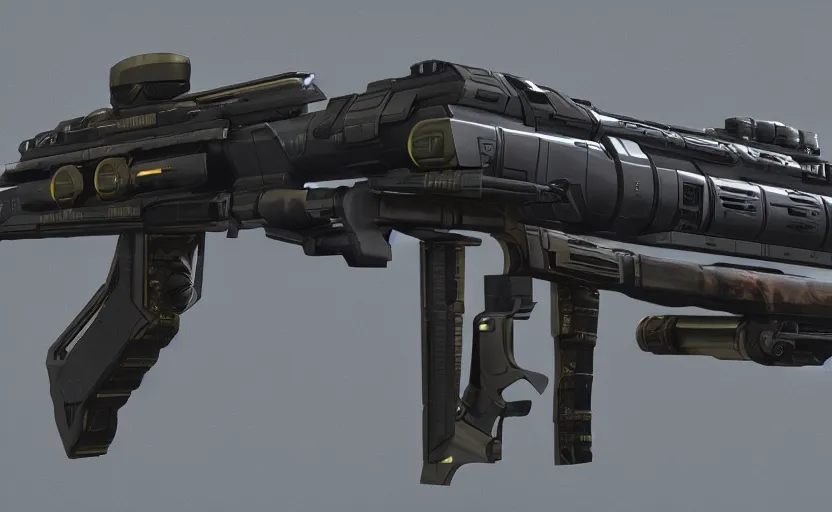 Prompt: extremely detailed side view of a sci fi rifle, chemically propelled, railgun, bullpup, with tubes and wiring, massive tank. caseless ammunition, ultra quality, realistic, octane render, call of duty, warframe, deviantart