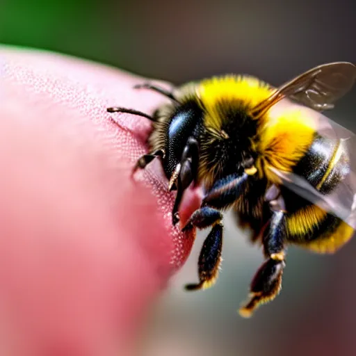 Prompt: a bumblebee resting on the tip of a human finger , depth of field, close up , ultra realistic