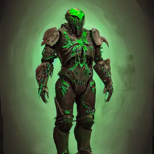 Image similar to organic humanoid eldrich armor living, leaking green blood, artstation