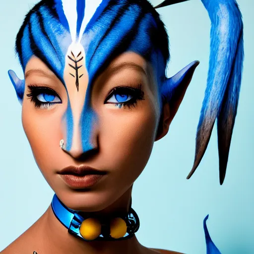 Image similar to close up headshot of a female navi from Avatar, blue skin, cosplay, photoshoot, studio lighting, photograpy by Bruce Weber