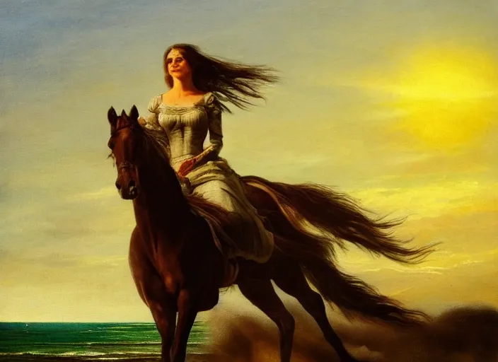 Prompt: a very beautiful woman with green eyes and brown, long hair and long dress blowing in the wind, riding a galloping horse on a beach, sunset, incredibly fast, dramatic lighting, high contrast, ultra clear and detailed, 1 8 5 0 oil on canvas