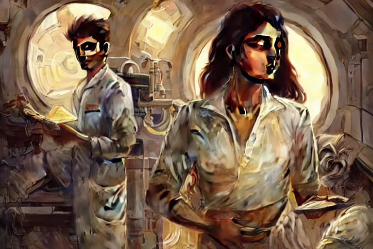 Image similar to Sensual good looking pale young Indian doctors wearing jeans in a space station above Earth performing surgery, portrait, elegant, intricate, digital painting, artstation, concept art, smooth, sharp focus, illustration, art by artgerm and greg rutkowski and alphonse mucha