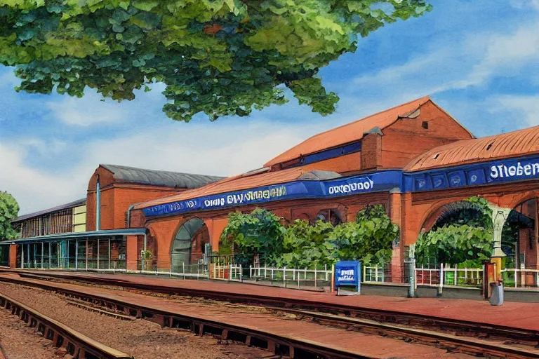 Prompt: Shrewsbury Railway Station in the style of Roger Dean