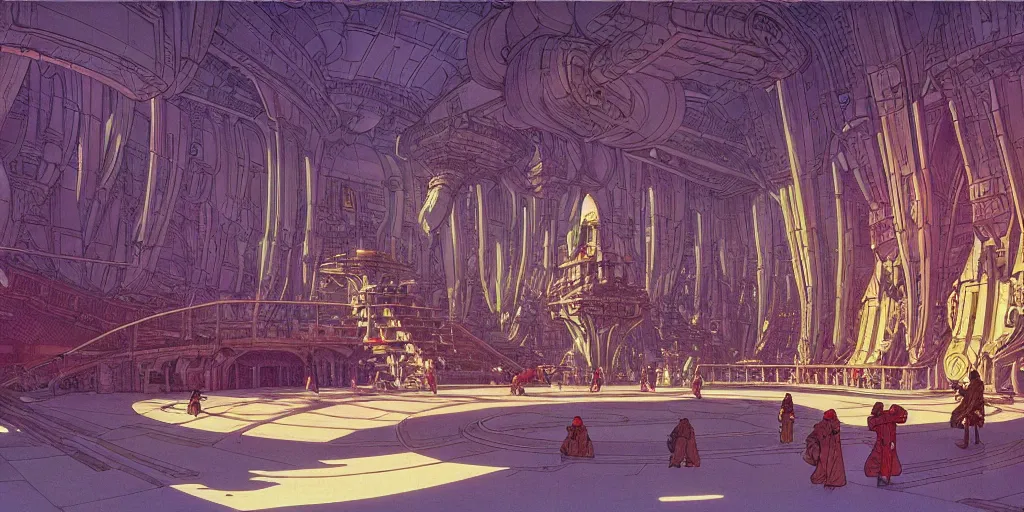 Image similar to cel shaded cinematic shot of the interior of a sci-fi space station with ornate Elven architecture bustling with people, epic castle, emerald, crystalline, detailed illustration, sharp focus, concept art by Moebius, Jean Giraud Moebius