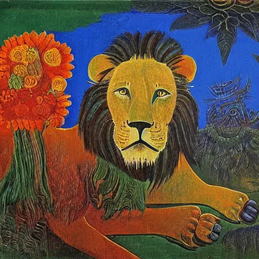 Image similar to decalcomania lion and flowers, beautiful art by max ernst,