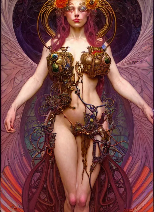 Image similar to hyper detailed masterpiece succubus girl enchantress by donato giancola and tom bagshaw, face by artgerm and edmund leighton, and alphonse mucha, trending on artstation, colorful, psychedelic aesthetic, ornate, background by gustav klimt, 8 k, biomechanical, majestic, volumetric lighting, porcelain skin, concept art, sharp focus