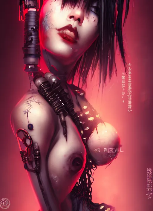 Image similar to soft lustrous ebony geisha seductive raver yakuza gothic cyborg cyberpunk gutter punk, decay, underworld, dark fantasy, dark art, highly detailed, digital painting, octane render, artstation, concept art, smooth, sharp focus, illustration, art by artgerm, loish, wlop