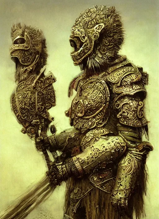 Image similar to ape warrior in ancient ornamented armor concept, beksinski, ruan jia