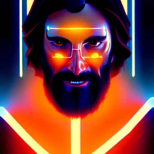 Prompt: tron legacy jesus hipster, face closeup, laughing, diffuse lighting, hyper realistic, concept art, intricate, hyper detailed, smooth, sharp focus, illustration, trending on artstation, art by greg rutkowski and james gurney and alphonse mucha