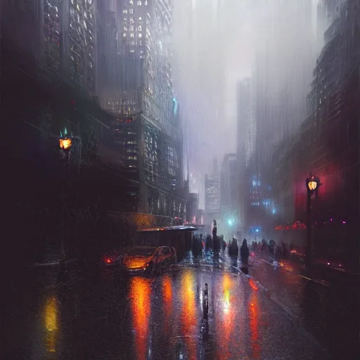 Image similar to nighttime in gotham city, wet pavement, looking upwards, light mist, fantasy, intricate, elegant, digital painting, trending on artstation, concept art, soft focus, illustration by greg rutkowski, Gaston Bussiere and artgerm, 4k.