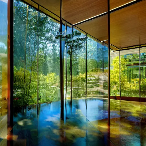 Prompt: a room, sunlight, glass walls, water levels, trees, shrubs, flowers, warm and calm