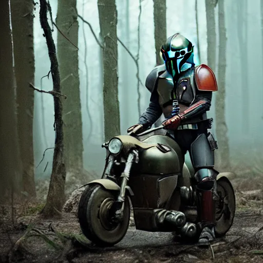 Image similar to mandalorian riding speeder bike through swamp, eerie, emotional, stunning cinematography, light diffusion