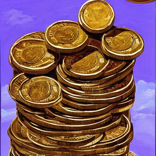 Prompt: a painting of a giant stack of coins heading towards the moon