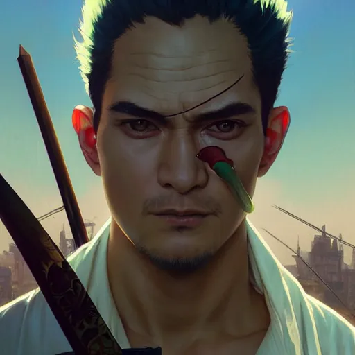 Image similar to highly detailed vfx portrait of roronoa zoro, stephen bliss, greg rutkowski, loish, rhads, beeple, makoto shinkai, tom bagshaw, alphonse mucha, sharp focus, art by artgerm and greg rutkowski, stanley kubrick, backlit, harsh overhead sunlight,