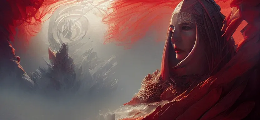 Image similar to sacred vampire, red sea, sword attack, epic, magic light, ghosts, acanthus scroll, ceremonial clouds, dripping paint, fibonacci rhythm, artstation, art germ, wlop, karol bak, christopher balaskas, ross tran