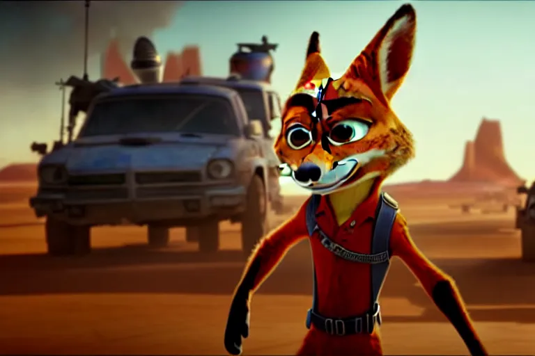 Image similar to nick wilde ( from zootopia ), heavily armed and armored facing down armageddon in a dark and gritty reboot from the makers of mad max : fury road