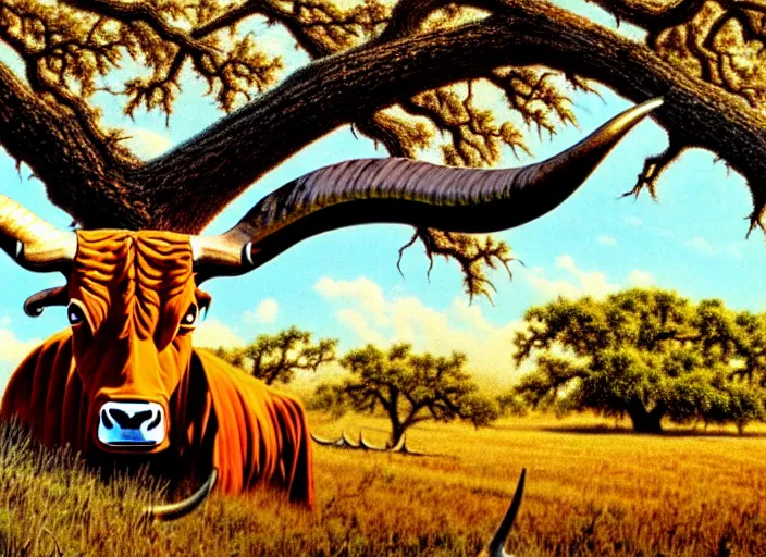 Prompt: photorealistic concept art of a texas longhorn under one huge oak tree with spreading branches taller than the hill side range, in the style of earl norem, bird view, super long shot, concept art, golden, sacred, sacred, golden hour