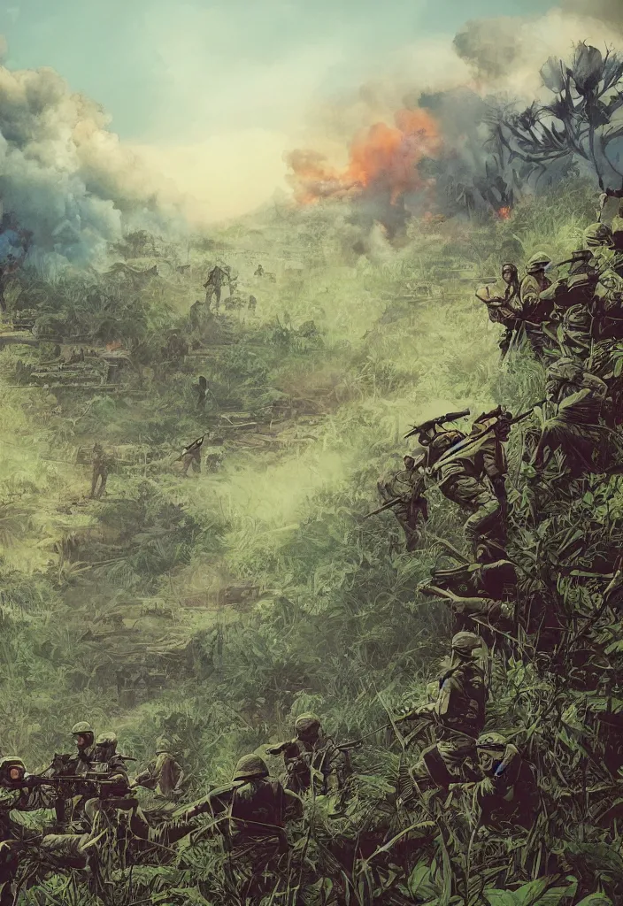 Image similar to handmade illustration of an epic Vietnam war scene with a few american soldiers walking, the jungle at the background, some smoke and fire, blue sky with dramatic clouds, line art, ink, watercolor by Kilian Eng and by Jake Parker, heavy brushstrokes, winning-award masterpiece, fantastic, octane render, 8K HD Resolution, High quality image