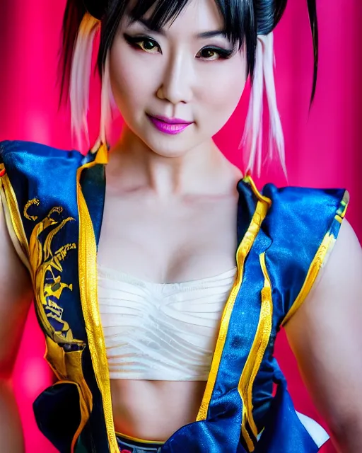 Image similar to Beautiful close highly detailed portrait of a Chun-Li from Street Fighter 2 cosplayer in her iconic signature main outfit. Award-winning photography. XF IQ4, 150MP, 50mm, f/1.4, ISO 200, 1/160s, natural light, rule of thirds, symmetrical balance, depth layering, polarizing filter, Sense of Depth, AI enhanced