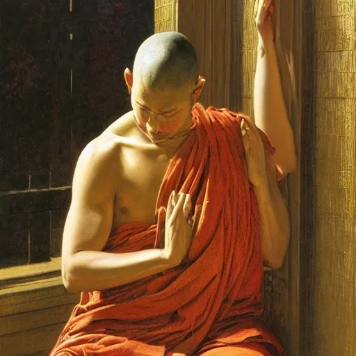 Prompt: highly detailed potrait of blind folded buddhist monk praying like jesus, painting by gaston bussiere, craig mullins, j. c. leyendecker, lights, art by ernst haeckel, john william godward, hammershøi,