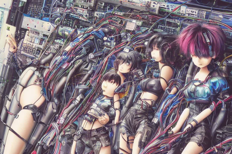 Prompt: cyberpunk anime illustration of a group of female android dolls lying on an empty white background in various poses with their bodies open showing a mess of wires and cables coming out, by katsuhiro otomo and masamune shirow, hyper-detailed, colorful, beautiful, manga, bird view