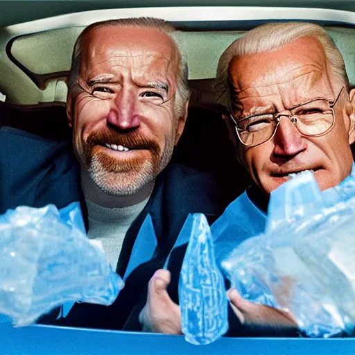 Prompt: Joe Biden and walter white holding ziploc bags of crystal blue meth, in the desert, film still, 4k, photorealistic, hd