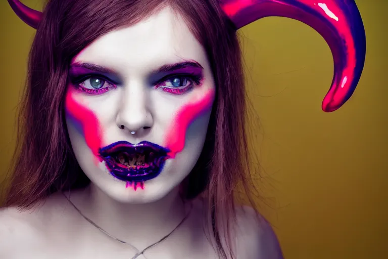 Image similar to pretty demon girl with horns photograph in the style of clemens ascher, colorful, realistic, 8 k