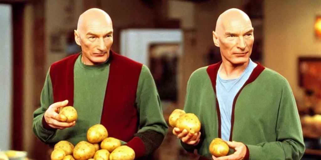 Prompt: a still from a 90s tv show of Captain Picard holding a potato