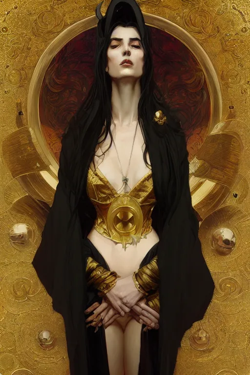 Prompt: Portrait of a Holy Necromancer, female, beautiful, golden robes, exquisite black accessories, golden corset, highly detailed, smooth, sharp focus, digital painting, illustration, fantasy, by Krenz Cushart and Artem Demura and alphonse mucha