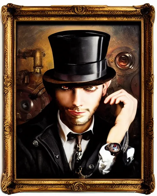 Prompt: dramatic oil painting of steampunk male, handsome, steampunk hat, detective coat, steampunk monocle, by robert lesser, pulp art, dramatic lighting, sharp focus, luminous,