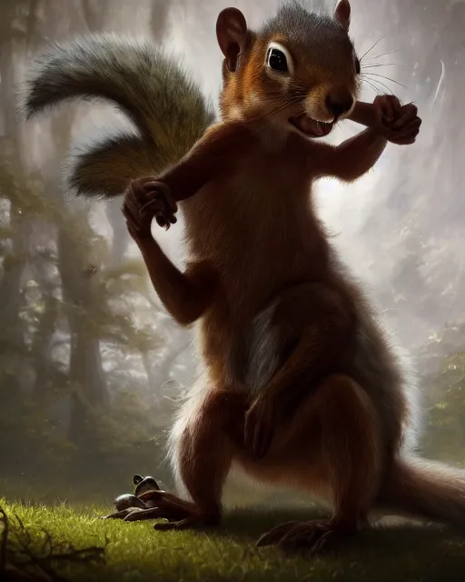 Prompt: oil painting of Anthropomorphized Squirrel attacking a monster, wearing leaf cloak,, sharp focus, fantasy style, octane render, volumetric lighting, 8k high definition, by greg rutkowski, highly detailed, trending on art Station, magic the gathering artwork, magical forest backround, centered