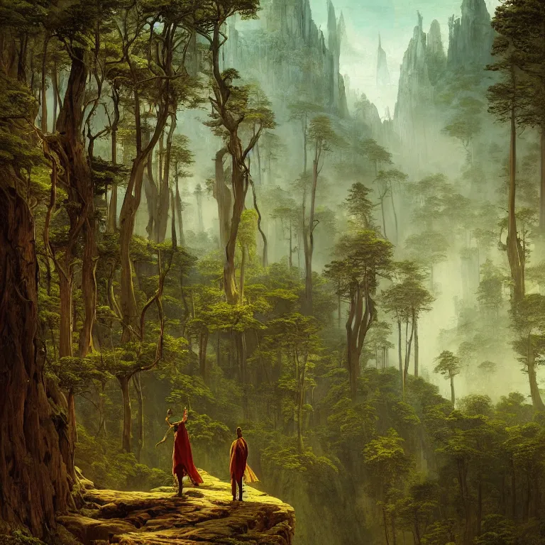 Image similar to a detailed landscape painting inspired by moebius and beksinski of a forest with path and man with a cape over his head. fantasy poster. cinematic fantasy scene. aurora lighting. fantasy. carl spitzweg. baroque elements. baroque element. intricate artwork by caravaggio. oil painting. award winning. dramatic. trending on artstation. 8 k