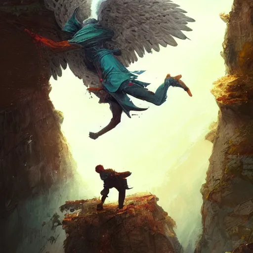 Image similar to angel protecting man falling from a cliff, detailed intricate ink illustration, happy atmosphere, detailed illustration, hd, 4k, digital art, overdetailed art, by greg rutkowski, by loish, complementing colors, Trending on artstation, movie poster style